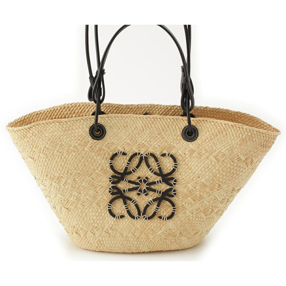 Loewe Straw Beige Black Basket Cream Rattan Tote Anagram Bag Tan Black Cream